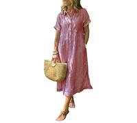zoocco Women's Boho Striped Shirt Dress Button Up Loose High Waistline Mid Long Dress with Pockets for Early Fall Stroll (Red,XL)