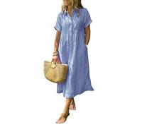 zoocco Women's Boho Striped Shirt Dress Button Up Loose High Waistline Mid Long Dress with Pockets for Early Fall Stroll (Blue,L)