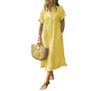 zoocco Women's Boho Striped Shirt Dress Button Up Loose High Waistline Mid Long Dress with Pockets for Early Fall Stroll (Yellow,S)