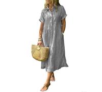 zoocco Women's Boho Striped Shirt Dress Button Up Loose High Waistline Mid Long Dress with Pockets for Early Fall Stroll (Gray,3XL)