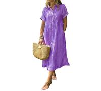zoocco Women's Boho Striped Shirt Dress Button Up Loose High Waistline Mid Long Dress with Pockets for Early Fall Stroll (Purple,L)
