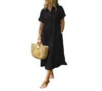 zoocco Women's Boho Striped Shirt Dress Button Up Loose High Waistline Mid Long Dress with Pockets for Early Fall Stroll (Black,S)