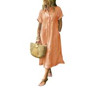 zoocco Women's Boho Striped Shirt Dress Button Up Loose High Waistline Mid Long Dress with Pockets for Early Fall Stroll (Orange,XXL)