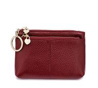 ZOOEASS Mini portamonete da donna in vera pelle con cerniera e anello portachiavi triplo porta carte, Vino rosso, Standard, Minimalista