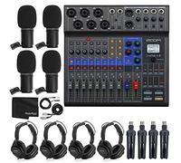 Zoom LiveTrak L-8 Mixer digitale portatile a 8 canali e registratore multitraccia + 4 microfoni Zoom ZDM-1 con cuffie, parabrezza e supporto + panno di pulizia - Pacchetto podcasting per 4 persone