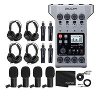 Zoom PodTrak P4 - Registratore Podcast multitraccia portatile + 4 microfoni Zoom M-1 + 4 cuffie + parabrezza + cavi XLR + 4 supporti da tavolo + panno - Set di microfoni per podcasting per 4 persone