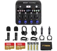 Zoom PodTrak P4next - Set di registratori podcast con 2 confezioni di microfoni Zoom ZDM-1, tra cui cuffie, parabrezza, cavi XLR, 2 schede di memoria da 64 GB, 4 batterie AA e caricabatterie bianco