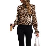 ZOOMOON Camicetta a pois da donna a maniche lunghe con volant a sbuffo 2024 autunno plissettato con volant e collo a lupetto, Stampa leopardata, S