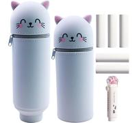 ZOOMPIL Astuccio Portapenne Gatto Silicone, 2 In 1 Morbido Kawaii Gatto Portapenne, Telescopico Astuccio in Piedi in Silicone, con 5 Pcs Gomma Retrattile, per Scuola, Uffici