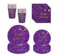 ZOOMPIL Stoviglie per Feste Viola Oro, Stoviglie Per Feste a Pois, Include Piatti, Tazze, Tovaglioli, per Nuziale Doccia, Matrimonio, Compleanno Decorazioni 16 Ospiti