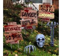 ZOOMPIL Teschio Finto e Set di Mani, Segnale di Pericolo Halloween, Halloween Decorazione Scheletro 6 Pezzi per Decorazioni di Halloween Decorazioni da Giardino Decorazioni cimitero