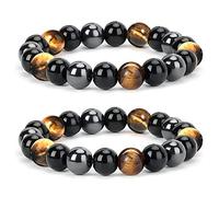 Zoonvii Bracciale di ossidiana,Bracciale con tripla protezione,10mm Ossidiana con occhio di tigre.