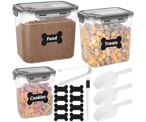ZooZoo Set di 3 contenitori trasparenti per cibo per cani con coperchi ermetici, contenitori in plastica senza BPA, per cibo e dolcetti, impilabili di grandi dimensioni, medie e piccole, include