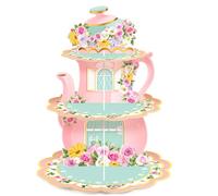 Zopeal Alzatine per Cupcake Floreale a 3 Livelli per Tea Party Supporto Torre per Cupcake Teiera Alzatina per Dolci in Cartone Alzata per Torte a 3 Piani per Baby Shower Compleanno Principessa Nozze