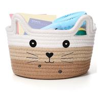 Zopeal - Cestino portaoggetti a forma di gatto con orecchie, in corda di cotone, contenitore giocattoli decorativo per la stanza dei bambini (21,1 x 11,9 cm, bianco, cachi, marrone)