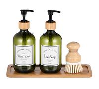 Zopeal - Set con erogatori per sapone da cucina da 500 mL con vassoio in bambù e spazzola per piatti, in plastica, con etichette impermeabili, per sapone per piatti/mani, 4 pezzi, verde