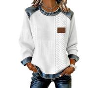 ZoraYorce Maglione vintage in denim patchwork con bottoni, camicette top, jeans casual, camicia, girocollo, maniche lunghe, per donne e adolescenti, bianco, M