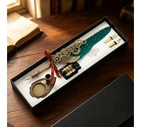 ZoraYorce Set penne d'oca vintage con piume - kit calligrafia retrò (D) | 9,45" con supporto per penna intagliato, bottiglia di inchiostro e 2 pennini di ricambio; regalo di lusso per scrittori,
