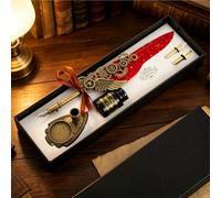 ZoraYorce Set Penne d'oca Vintage con Piume - Kit Calligrafia Retrò (J) | 9,45" supporto per penna intagliato, bottiglia di inchiostro e 2 pennini di ricambio, regalo di lusso per scrittori,