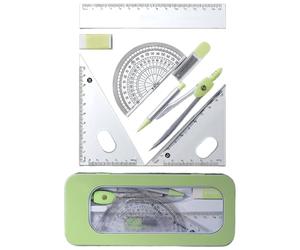 ZORESCOLEO Set di 7 strumenti per geometria scolastica per studenti, tra cui strumento per geometria in metallo, set quadrato, gomma, goniometro, custodia