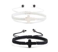 ZORVUJI 2 Pezzi Bracciale Rosario Gesù Rosario Cattolico Fatto a Mano Regolabile Intrecciato per Donna Uomo Coppia Fede Regali per Prima Comunione (Nero Bianco)