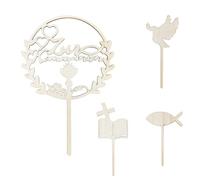 ZORVUJI Set 4 Pezzi Decorazione Torta Prima Comunione Cake Topper, Decorazioni in Legno per Torta Comunione con Design Croce, Addobbi Battesimo in Legno per Torte e Tavolo