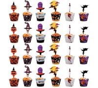 ZORVUJI Set di 48 Topper per Cupcake e Pirottini per Muffin per Festa di Halloween con Spiedini Decorativi di Zucca e Pipistrello