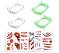 ZORVYN 2 PCS Denti da Vampiro,e 5 PCS Tatuaggi Temporanei, Costumi Halloween Denti da Vampiro per Bambini, per Bambini Denti Vampiro Zombie Dracula Halloween da Indossare,Costumi Halloween