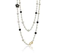 ZORVYN Collana di Perle Lunga Donna con Perle Bianche e Nere a Doppio Filo con Pendente Fiore Camelia e Catena Dorata - Regalo Elegante per Donna