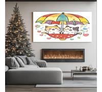 ZORYAN Gatti Cartone Animato Pittura Moderna su Tela Ombrello Kawaii Quadri Grandi da Parete per Soggiorno Cuori d'Amore Carini Stampa Artistica Camera da Letto con Cornice 60x120 cm