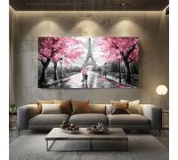 ZORYAN Quadro su Tela Amore Romantico Torre Eiffel 50x100cm Senza Cornice | Pittura Moderna per Salotto e Soggiorno Coppia a Parigi Decorazioni da Parete Grandi Dimensioni Fioritura di Ciliegio
