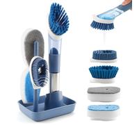 Zosenyer Spazzola per Piatti con Dispenser e Manico, Set Pulizia Casa con 4 Testine e Base, Spazzola Lavastoviglie Manuale per Pentole, Padelle, Lavandino e Superfici (Blu)