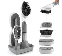 Zosenyer Spazzola per Piatti con Dispenser e Manico, Set Pulizia Casa con 4 Testine e Base, Spazzola Lavastoviglie Manuale per Pentole, Padelle, Lavandino e Superfici (Grigio)