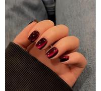 Zosutetoxo 30 pezzi Unghie finte effetto occhio di gatto Forma quadrata corta Rosso scuro Glitter Nero Effetto cromato Unghie in gel morbide Riutilizzabili