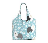 Zouey Borsa in tela a spalla singola, borsa in tela per donna, borsa a tracolla, borsa della spesa, sfondo di un vecchio cane da pastore inglese con zampe disegnate a mano, simpatico cartone animato