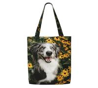 Zouey Borsa tote in tela per donna, borse a tracolla capienti, borse tote riutilizzabili per la spesa, cane Border Collie felice con fiori