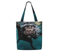 Zouey Borsa tote in tela per donna, borse a tracolla capienti, borse tote riutilizzabili per la spesa, cane Labrador Retriever nero che nuota
