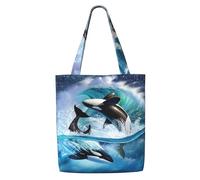 Zouey Borsa tote in tela per donna, borse a tracolla capienti, borse tote riutilizzabili per la spesa, orche assassine, onda