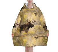 Zouey Felpa con cappuccio, coperta in flanella, felpa con cappuccio indossabile da donna, alce selvatico Stan nella foresta