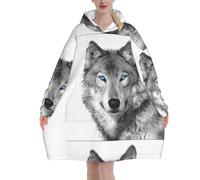 Zouey Felpa con cappuccio, coperta in flanella, felpa con cappuccio indossabile da donna, lupo dagli occhi azzurri