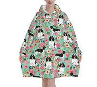 Zouey Felpa con cappuccio, coperta in flanella, felpa con cappuccio indossabile da donna, simpatici cani Springer Spaniel con rose e fiori