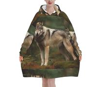 Zouey Felpa con cappuccio, coperta in flanella, felpa con cappuccio indossabile da donna, stampa lupo nella foresta
