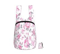 Zouey Zaino pieghevole in poliestere, portatile, da viaggio e riutilizzabile, ideale per lo shopping, con cerniere, fantasia floreale shabby chic rosa, rose pallide e bianco.