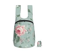 Zouey Zaino pieghevole in poliestere, portatile, da viaggio e riutilizzabile, ideale per lo shopping, con cerniere, fantasia floreale vintage Shabby Chic rosa e rosa francese.