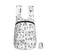 Zouey Zaino pieghevole in poliestere, portatile, riutilizzabile, ideale per viaggi e shopping, con cerniere, design con pecore grigie e bianche e animali da fattoria.