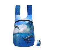 Zouey Zaino pieghevole in poliestere, portatile, riutilizzabile, ideale per viaggi e shopping, con cerniere, motivo Quattro delfini nel mare delle balene.