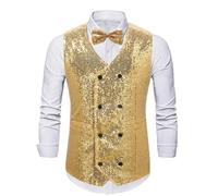 ZouoYYii Gilet da uomo alla moda con paillettes - Gilet da smoking doppiopetto per feste, palcoscenico e matrimonio, Oro, L