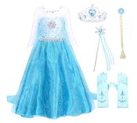 ZOUPREME Vestito Principessa Elsa per Bambina, Set da Costume con Bacchetta e Corona, Cosplay Gioco Ruolo Natalizio, Vestiti di Carnevale (Light Blue,140)