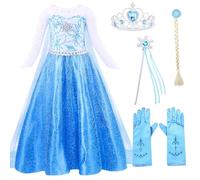ZOUPREME Vestito Principessa Elsa per Bambina, Set da Costume con Bacchetta e Corona, Cosplay Gioco Ruolo Natalizio, Vestiti di Carnevale (Dark Blue,120)