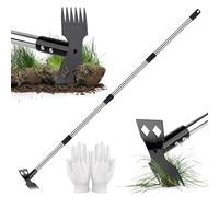 Zourglow Strumento per la Rimozione delle Erbacce 160 cm, 2 in 1 Estirpatore Erbacce con Manico Lungo e Guanti, Rastrello Manuale e Zappa da Giardino per Giardino, Cortile, Patio, Prato